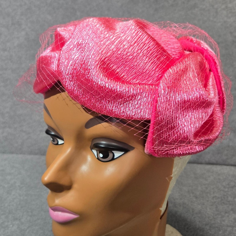 Vintage Hot Pink Pillbox Hat Birdcage Veil Satin Textured Mid Century *note
